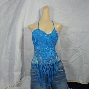 Women Blue Crocheted Silver Sequined Halter Top